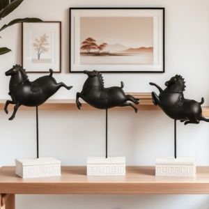 Black Horse Showpiece Set (3 Pc) – Modern Running Horses on Stand